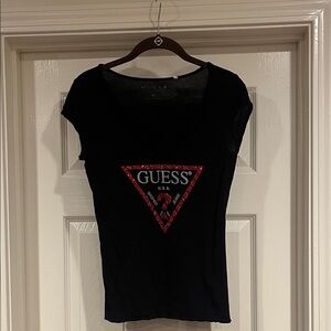 GUESS Black Short-Sleeve Tee with Red Glitter Triangle Logo